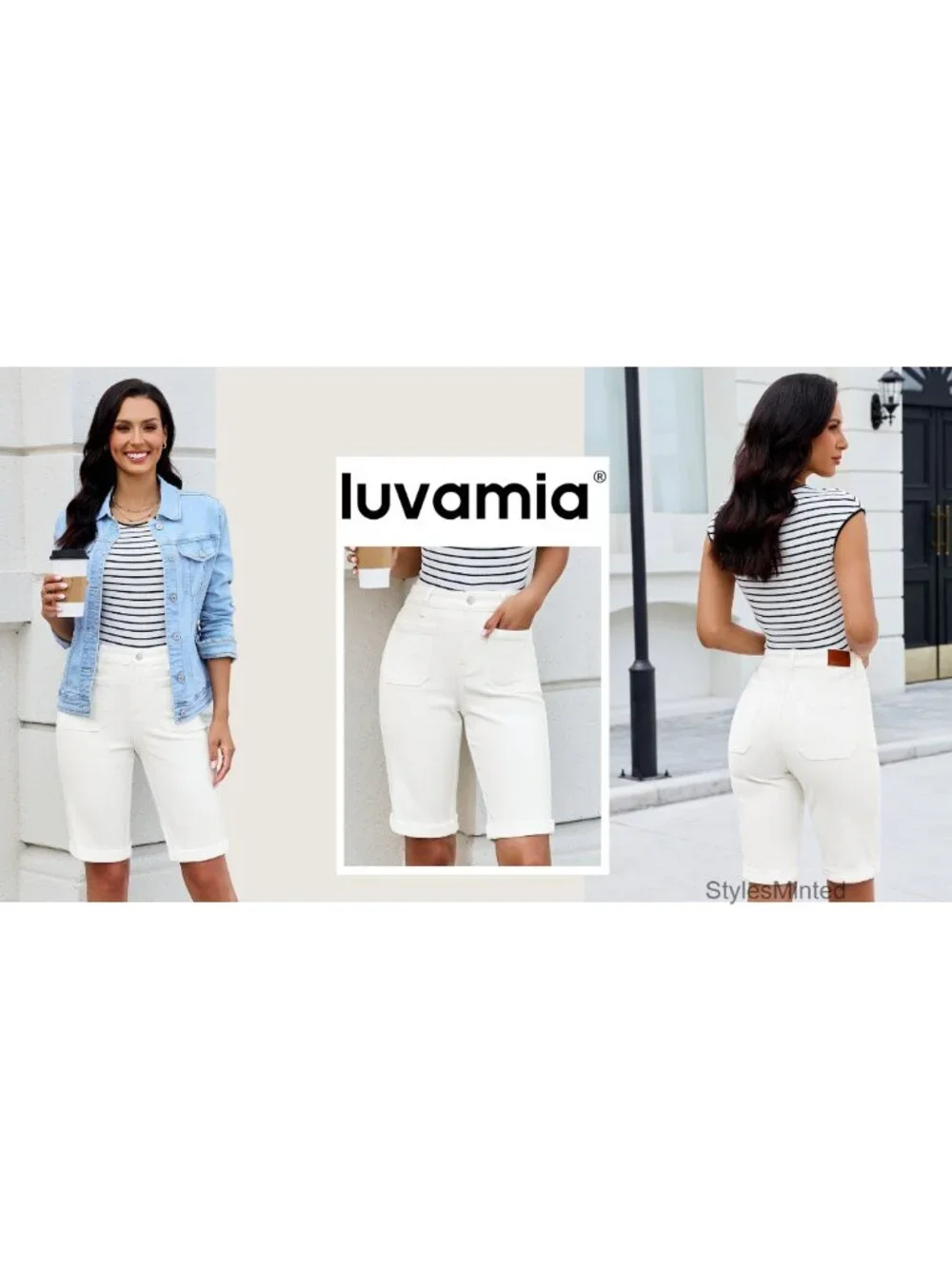 High Waisted Bermuda Shorts Knee Length Fold Hem Stretchy Denim Long Shorts